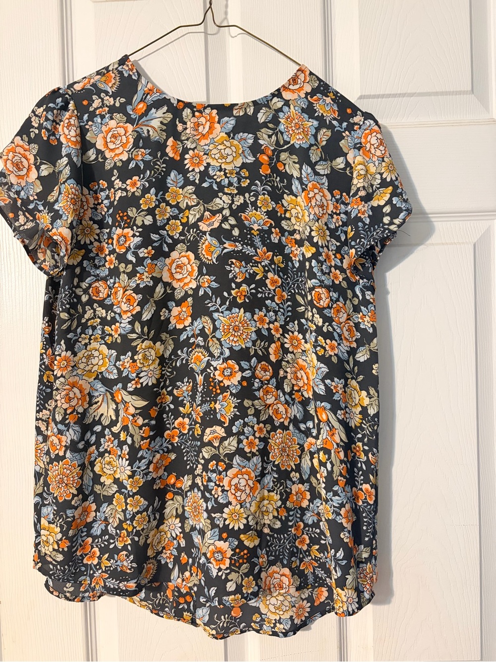 LOFT Black Short-Sleeve Floral Blouse with Orange & Cream Blooms